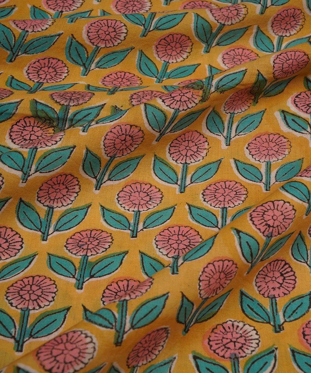 2.5m Yellow hand block print cotton sanganeri kurta material