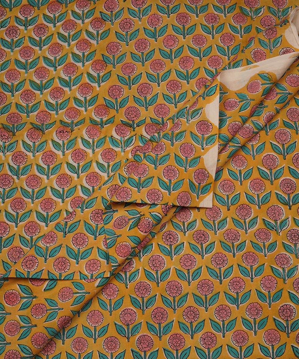 2.5m Yellow hand block print cotton sanganeri kurta material