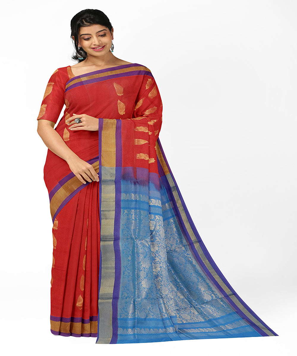 Red blue handwoven madhavaram cotton silk saree