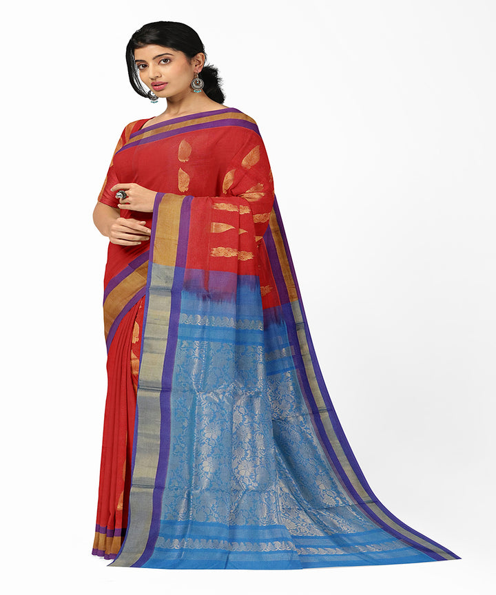 Red blue handwoven madhavaram cotton silk saree