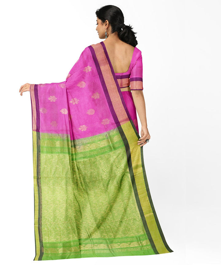 Pink green sico handwoven madhavaram saree