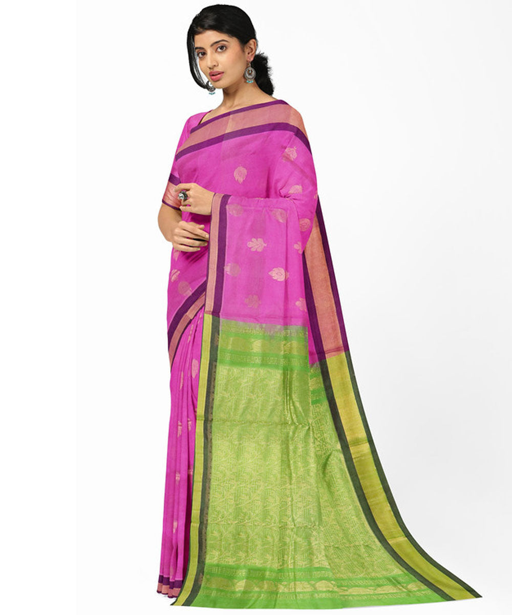 Pink green sico handwoven madhavaram saree