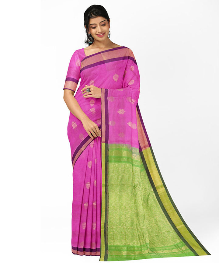 Pink green sico handwoven madhavaram saree