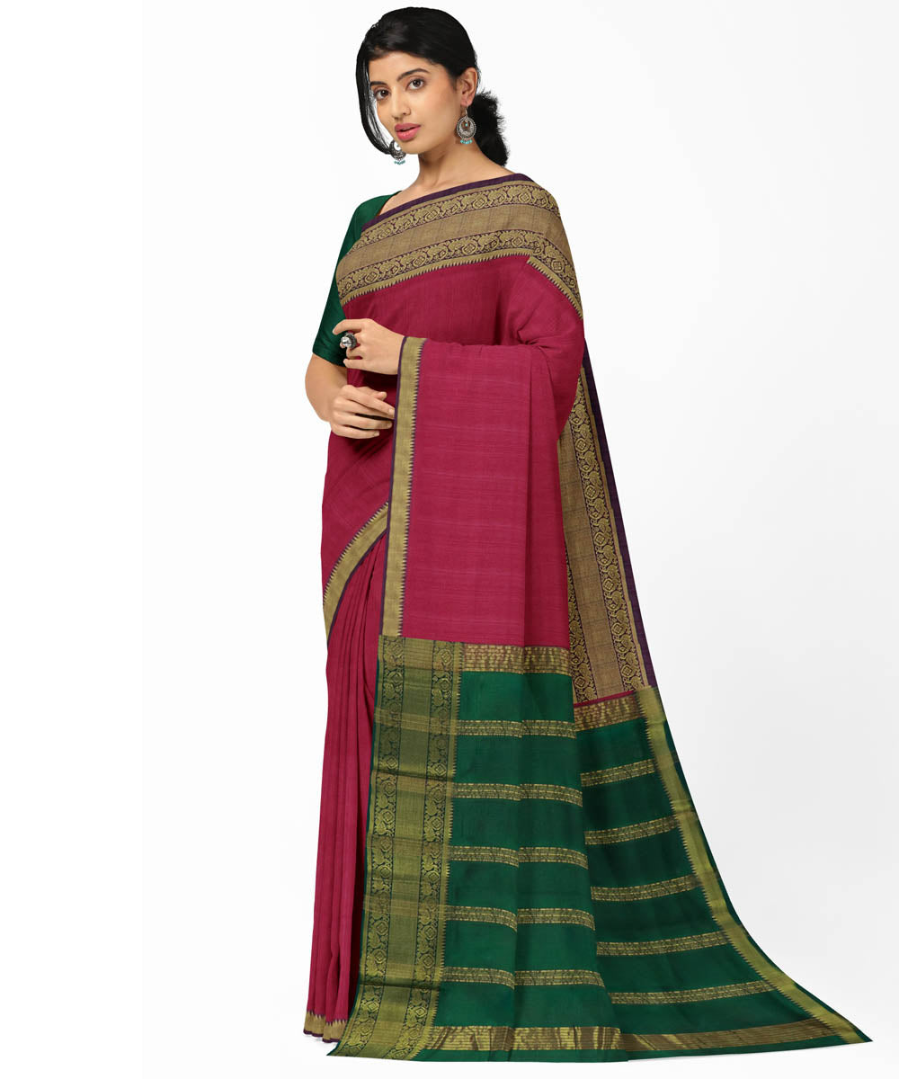 Pink green Cotton silk handwoven mangalagiri  saree