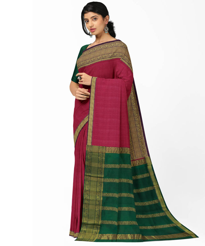 Pink green Cotton silk handwoven mangalagiri  saree