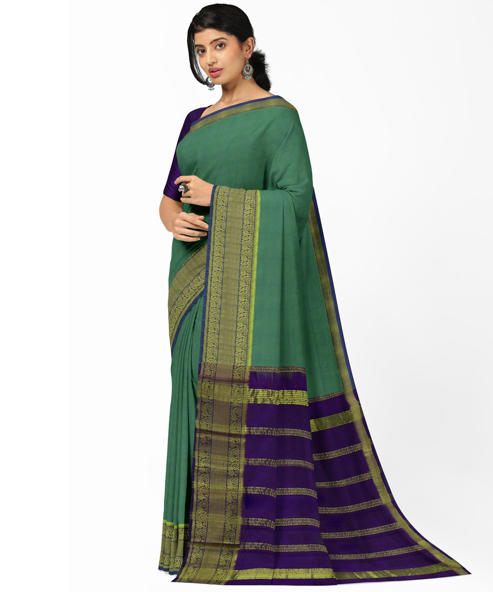 Cyan Green blue Cotton Silk handwoven mangalagiri saree