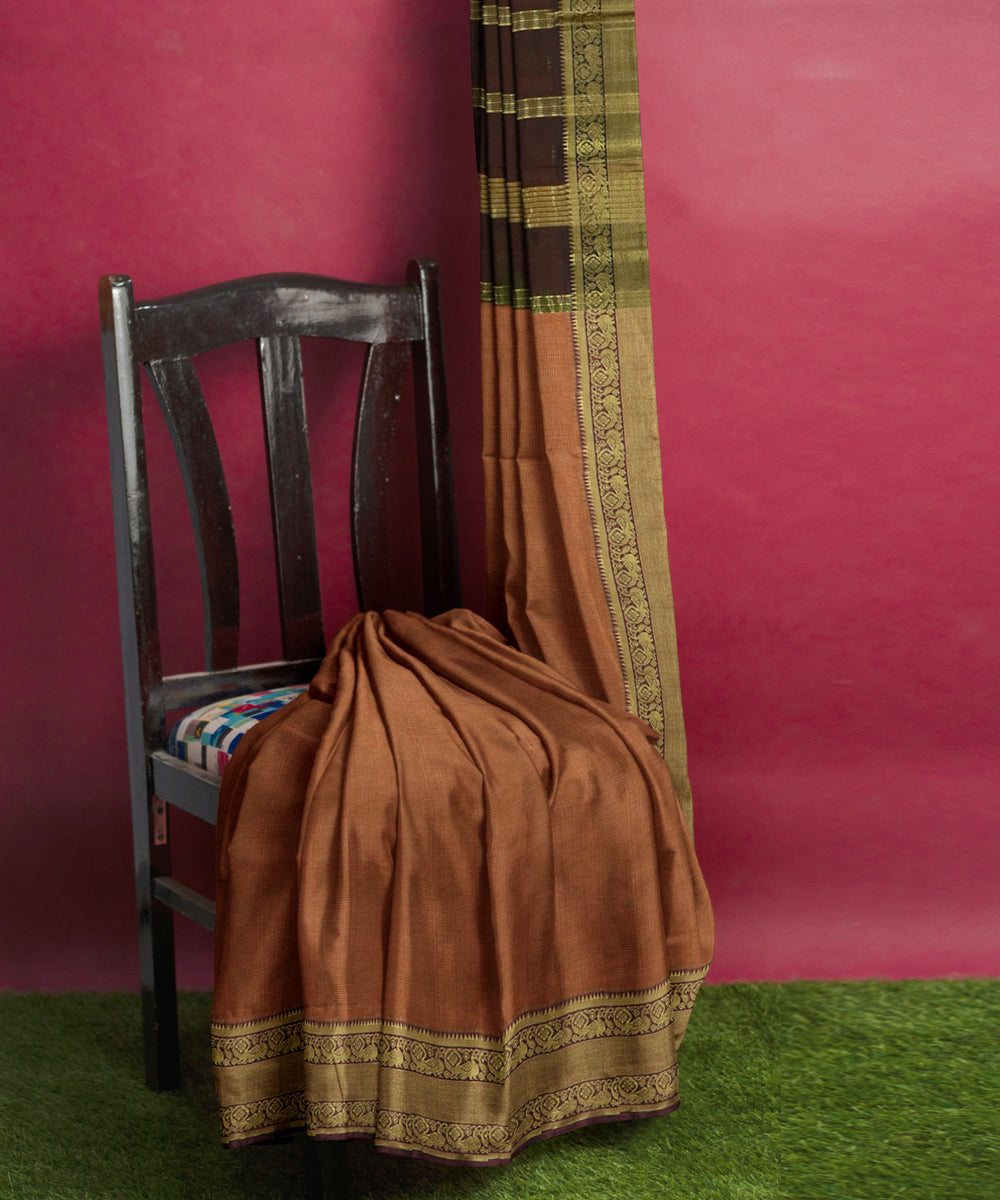 Peach brown Cotton Silk handwoven mangalagiri saree