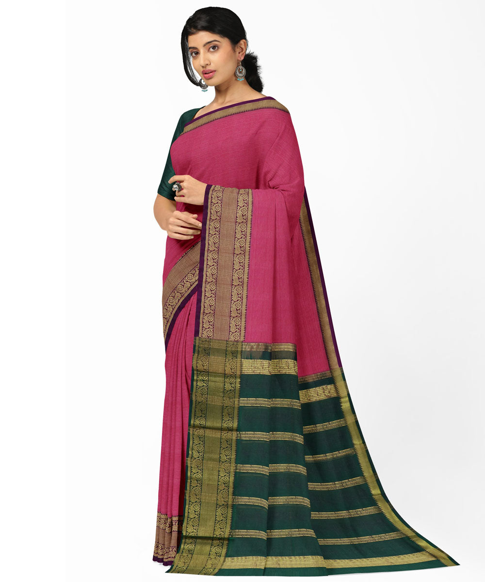 Pink green Cotton Silk handwoven mangalagiri saree
