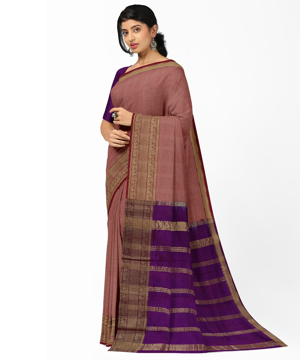 Peach voilet Cotton Silk handwoven mangalagiri saree