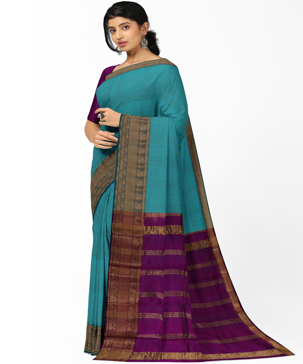Cyan green violet Cotton Silk handwoven mangalagiri saree