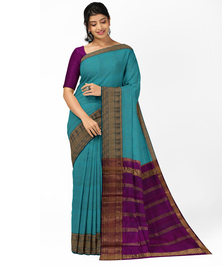 Cyan green violet Cotton Silk handwoven mangalagiri saree