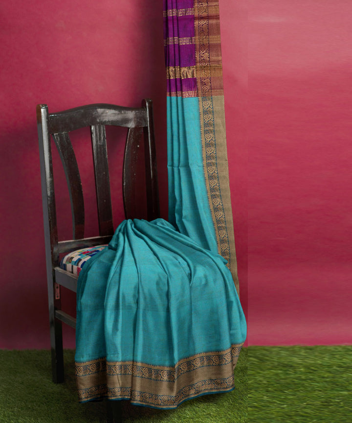 Cyan green violet Cotton Silk handwoven mangalagiri saree