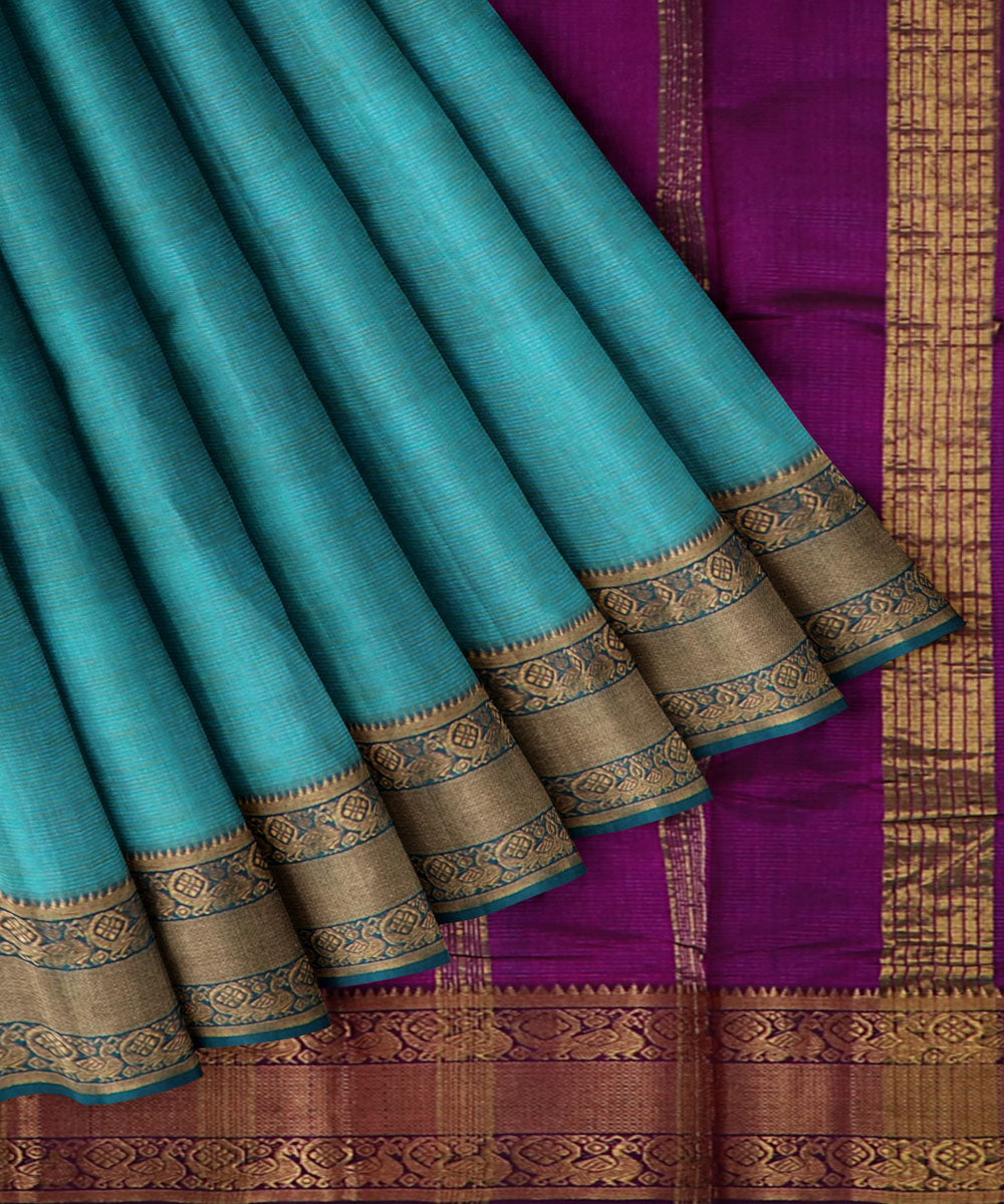 Cyan green violet Cotton Silk handwoven mangalagiri saree
