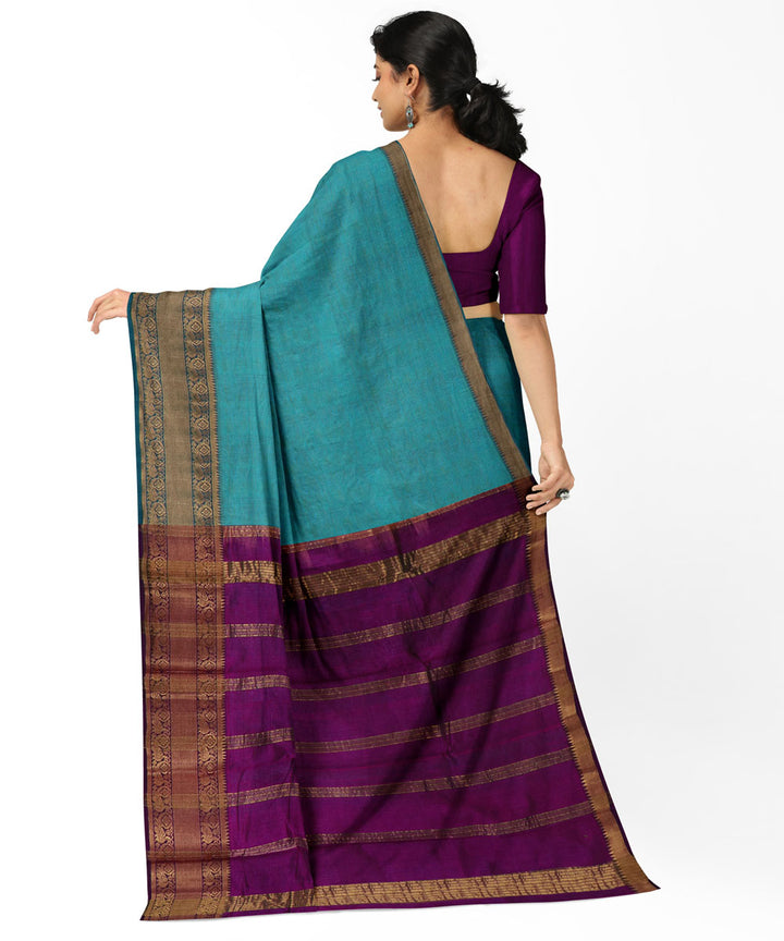 Cyan green violet Cotton Silk handwoven mangalagiri saree