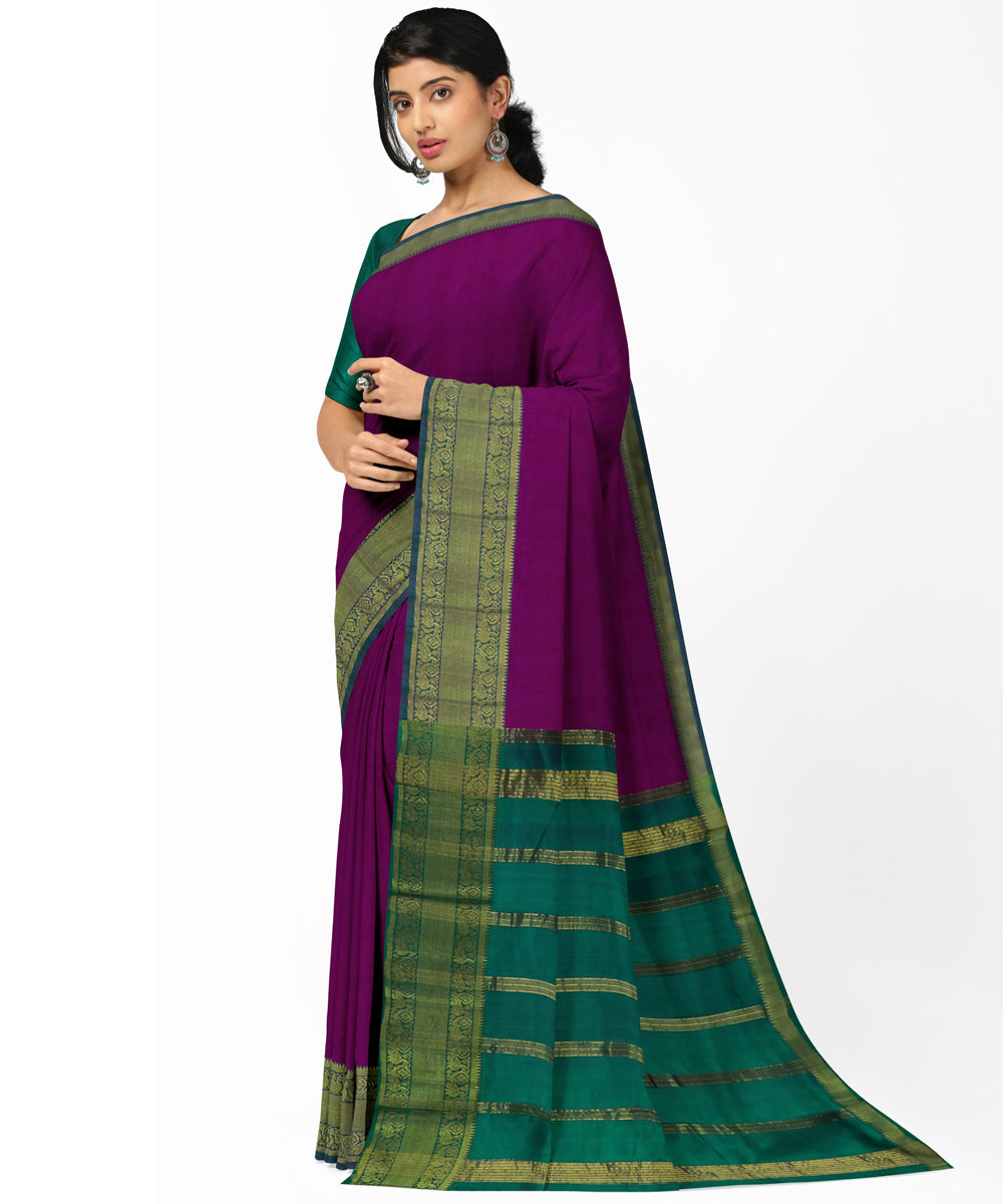 purple green Cotton Silk handwoven mangalagiri saree
