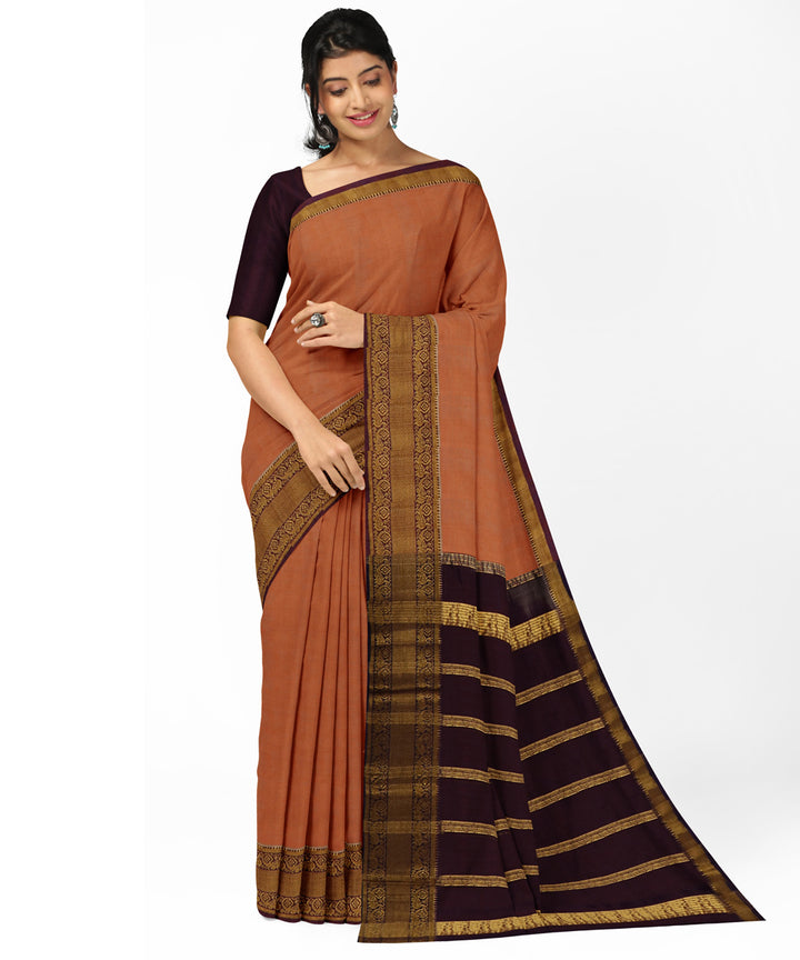 Peach brown Cotton Silk handwoven mangalagiri saree