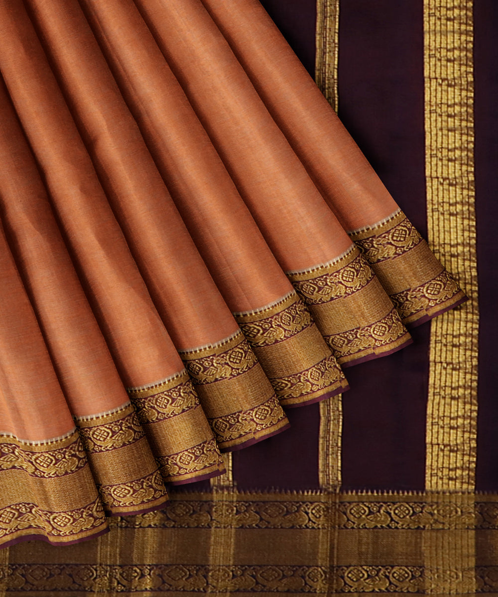 Peach brown Cotton Silk handwoven mangalagiri saree