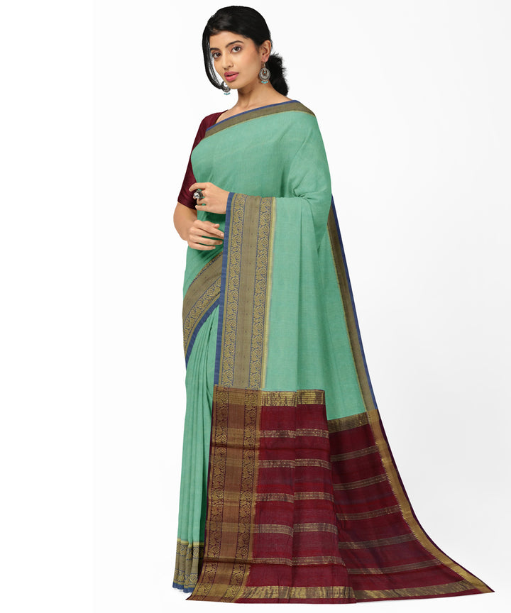 Cyan green Red Cotton Silk handwoven mangalagiri saree