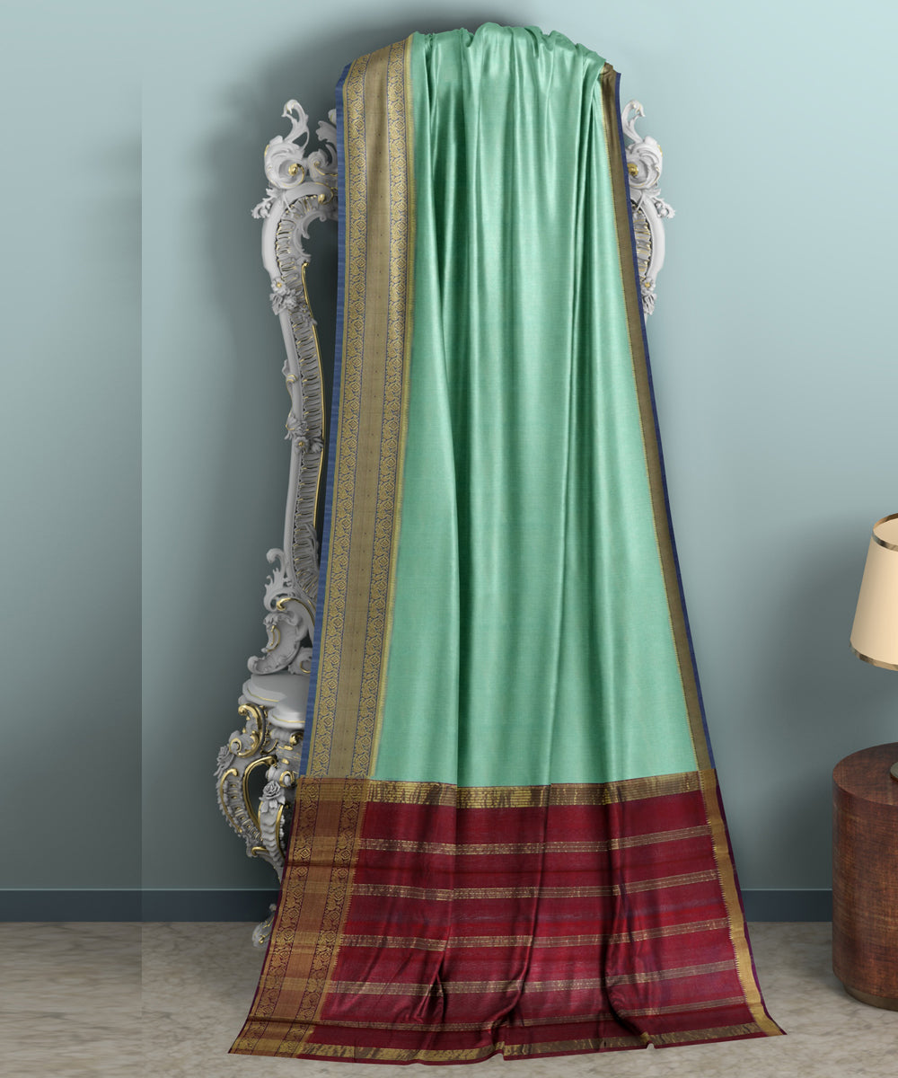 Cyan green Red Cotton Silk handwoven mangalagiri saree