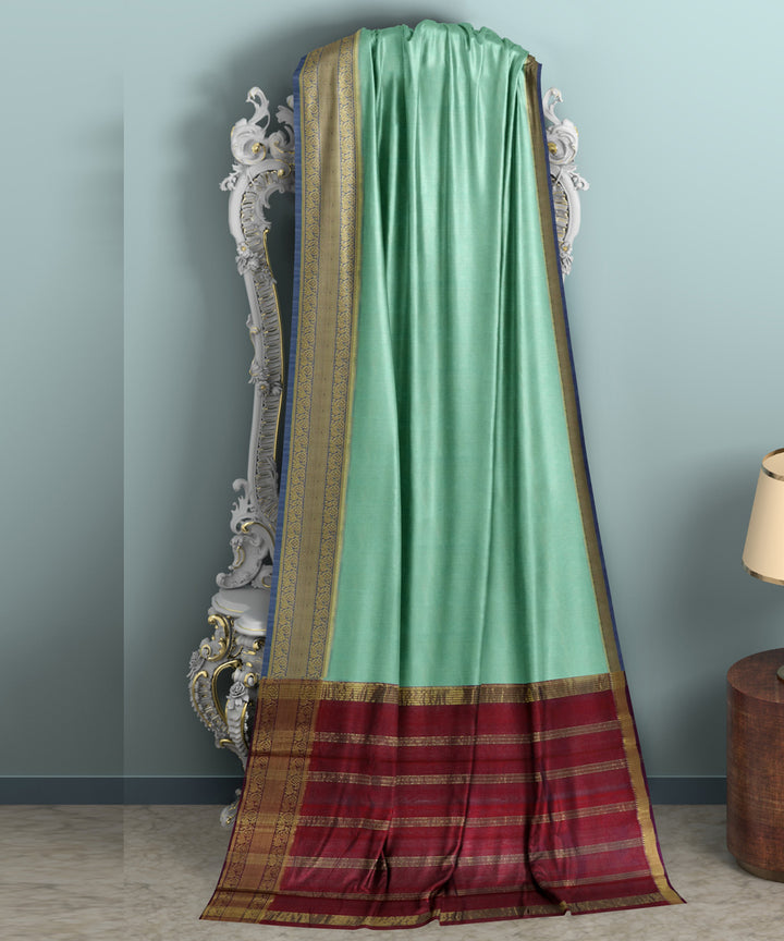 Cyan green Red Cotton Silk handwoven mangalagiri saree