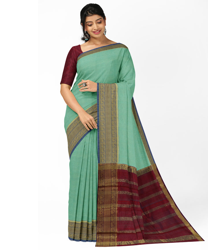 Cyan green Red Cotton Silk handwoven mangalagiri saree