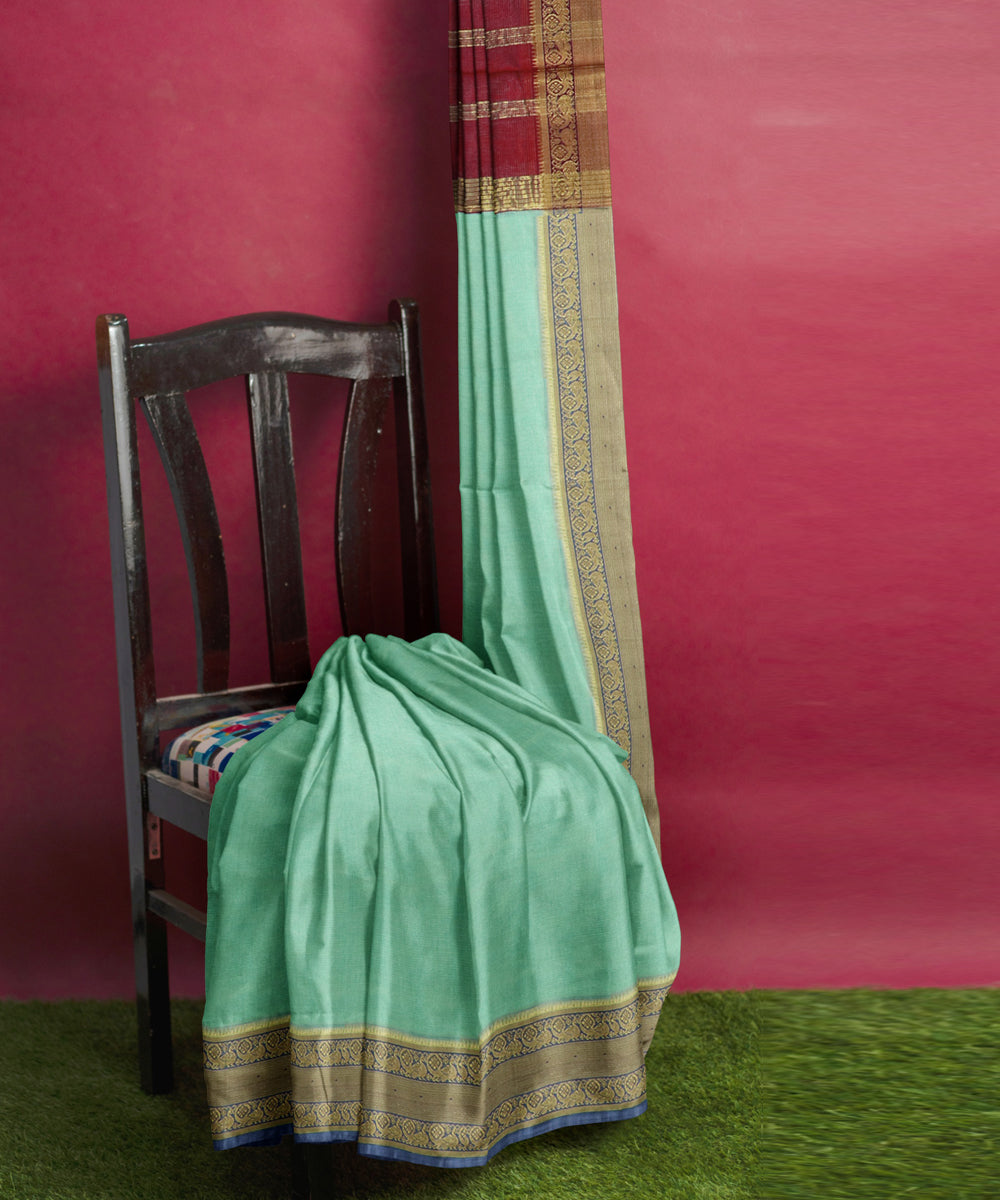 Cyan green Red Cotton Silk handwoven mangalagiri saree