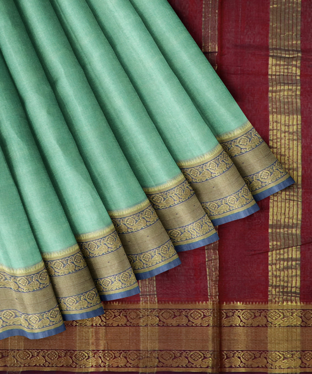 Cyan green Red Cotton Silk handwoven mangalagiri saree
