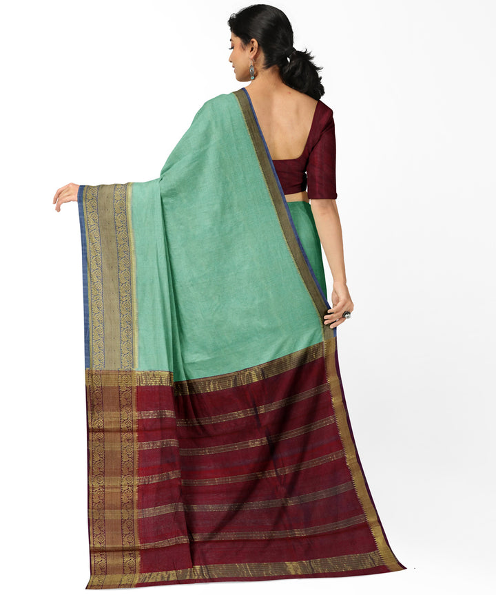 Cyan green Red Cotton Silk handwoven mangalagiri saree