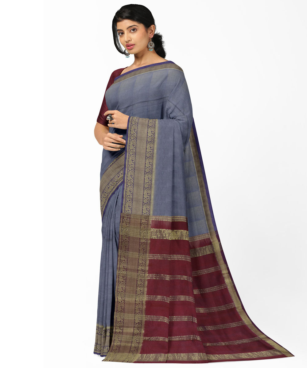Grey red Cotton Silk handwoven mangalagiri saree