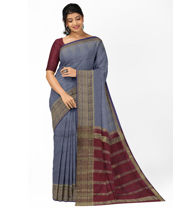 Grey red Cotton Silk handwoven mangalagiri saree