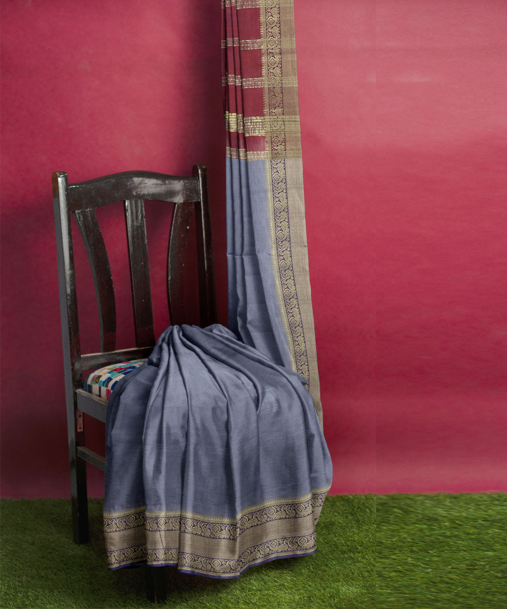 Grey red Cotton Silk handwoven mangalagiri saree