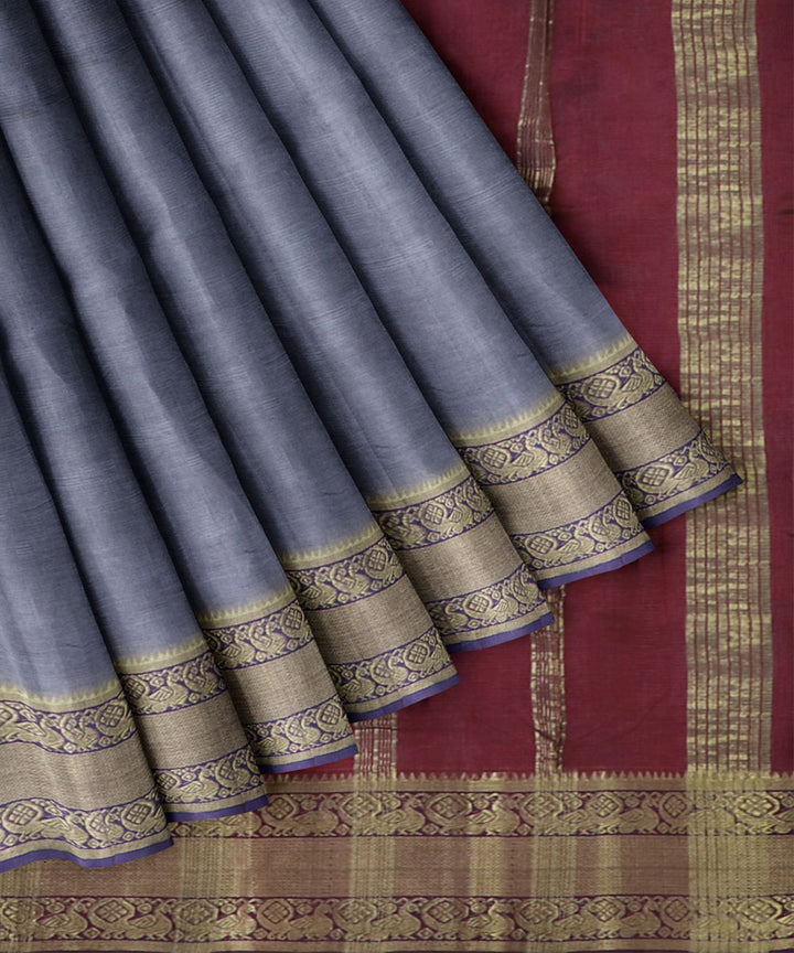 Grey red Cotton Silk handwoven mangalagiri saree