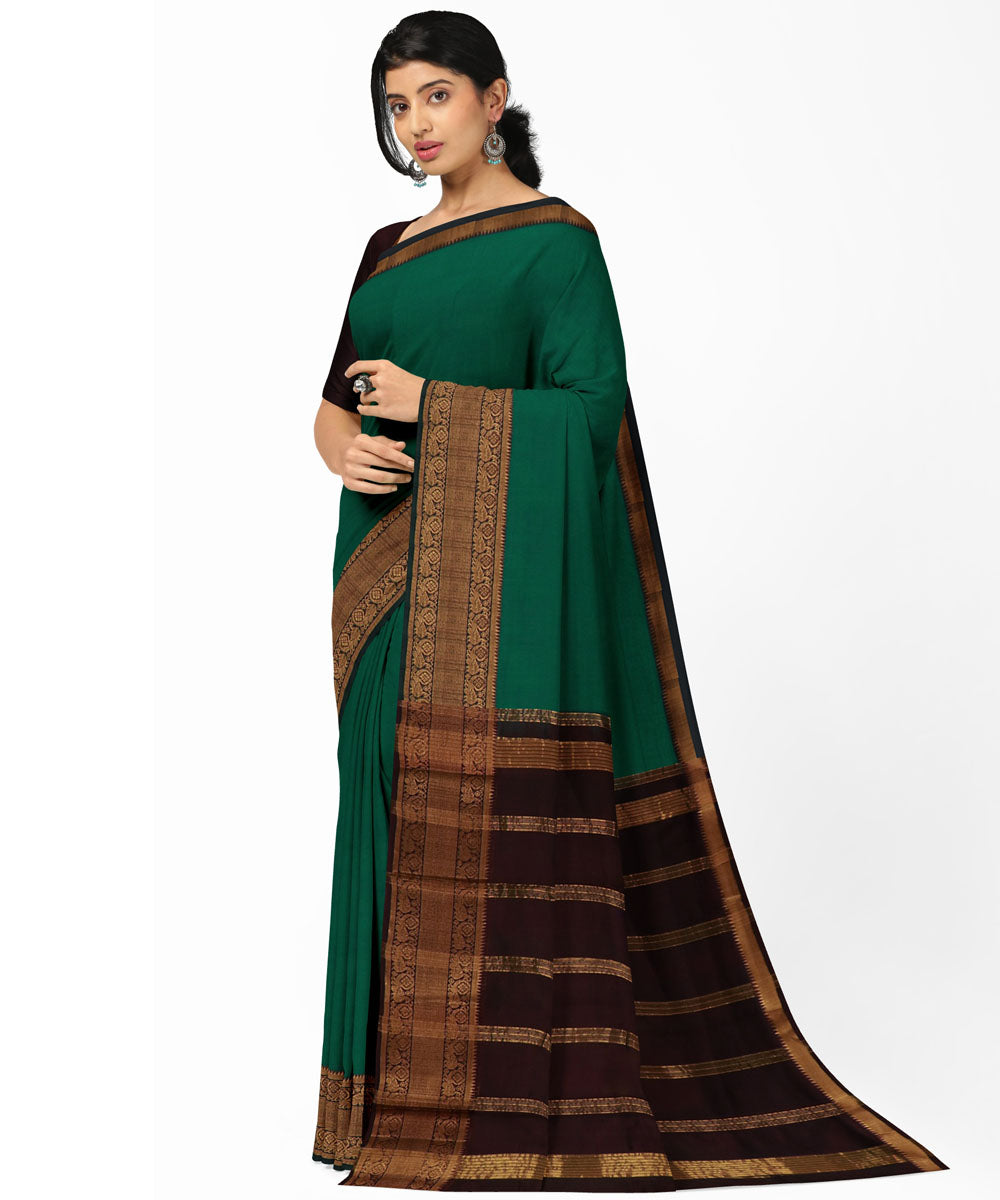 Dark green brown Cotton Silk handwoven mangalagiri saree