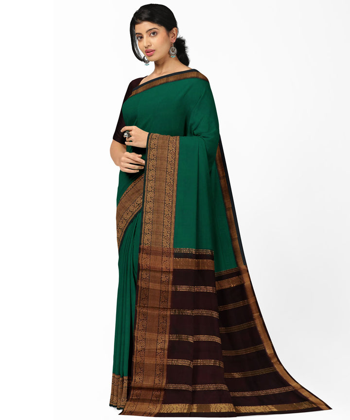 Dark green brown Cotton Silk handwoven mangalagiri saree
