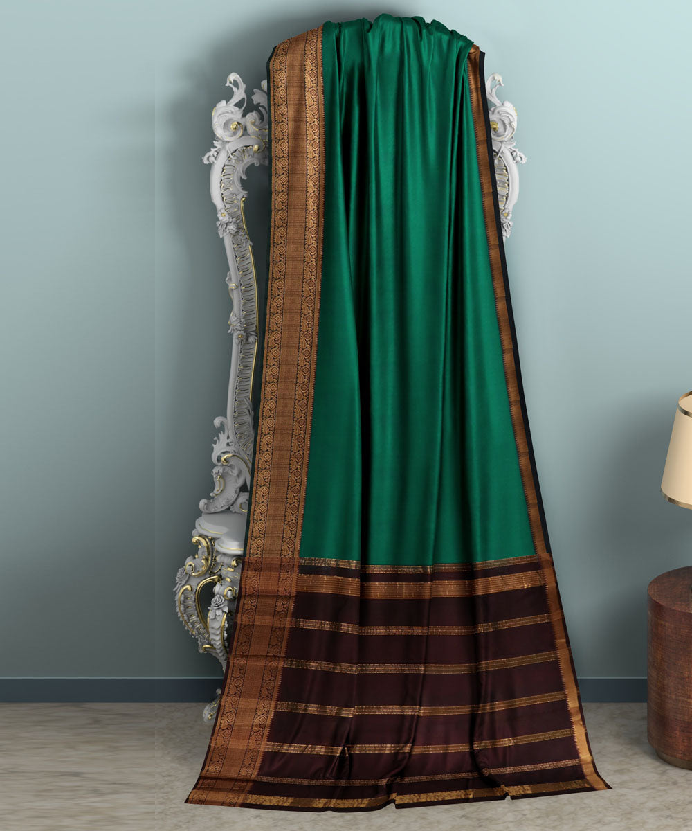 Dark green brown Cotton Silk handwoven mangalagiri saree