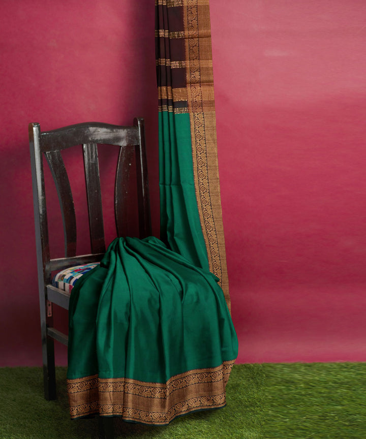 Dark green brown Cotton Silk handwoven mangalagiri saree