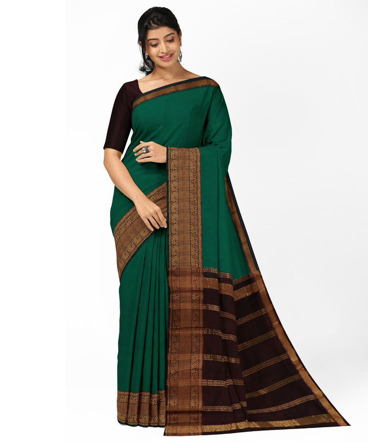 Dark green brown Cotton Silk handwoven mangalagiri saree