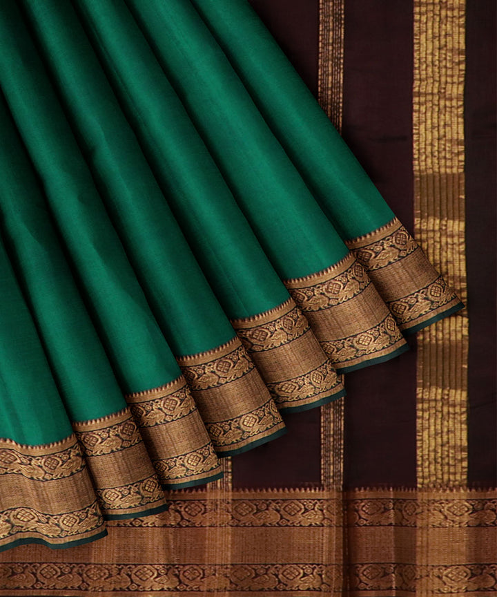 Dark green brown Cotton Silk handwoven mangalagiri saree