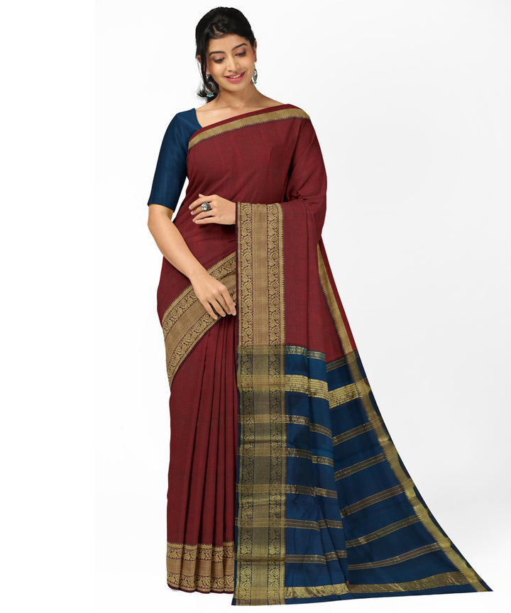Red navy blue Cotton Silk handwoven mangalagiri saree