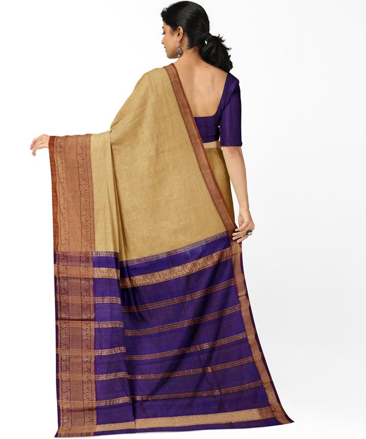 Beige blue Cotton Silk handwoven mangalagiri saree