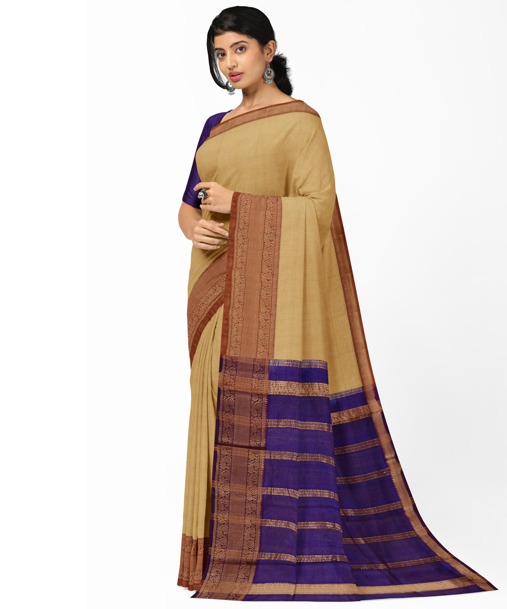 Beige blue Cotton Silk handwoven mangalagiri saree