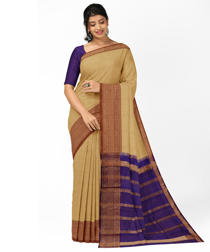 Beige blue Cotton Silk handwoven mangalagiri saree