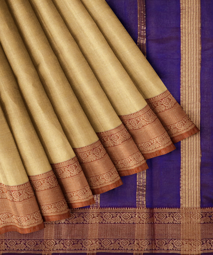 Beige blue Cotton Silk handwoven mangalagiri saree
