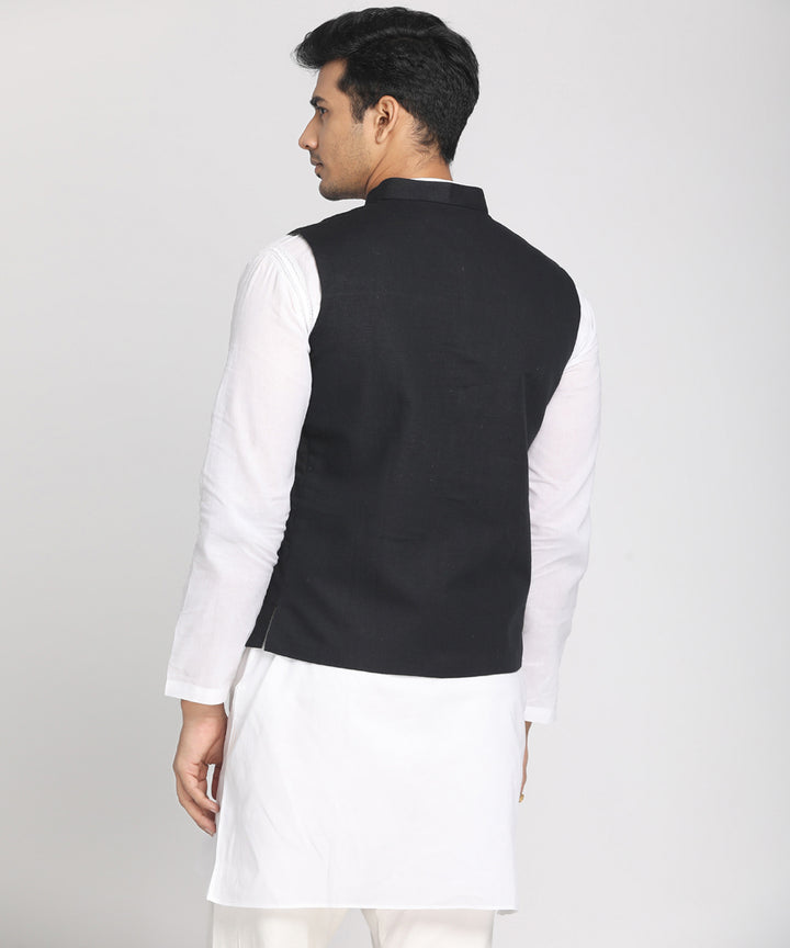 Black handwoven cotton half sleeves nehru jacket