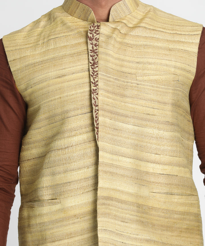 Beige handwoven half sleeves cotton nehru jacket