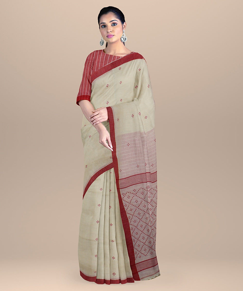 Offwhite red handloom soft cotton jamdani saree