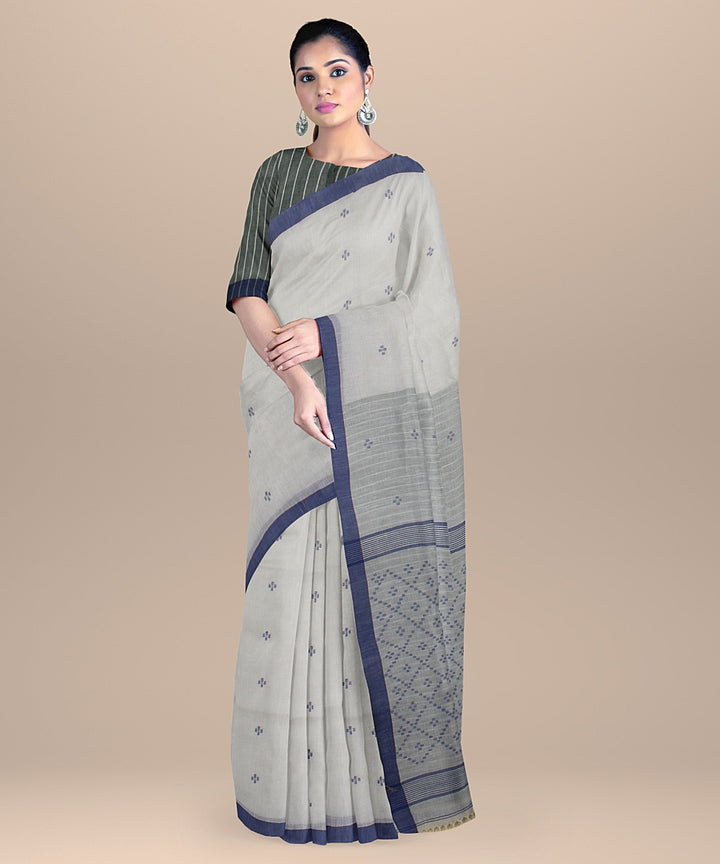 Offwhite blue handloom jamdani soft cotton saree