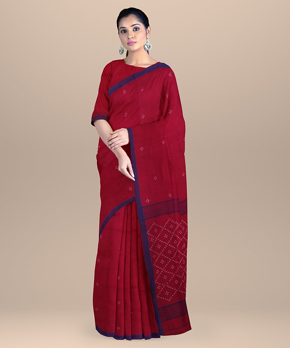 Red blue handloom jamdani soft cotton saree