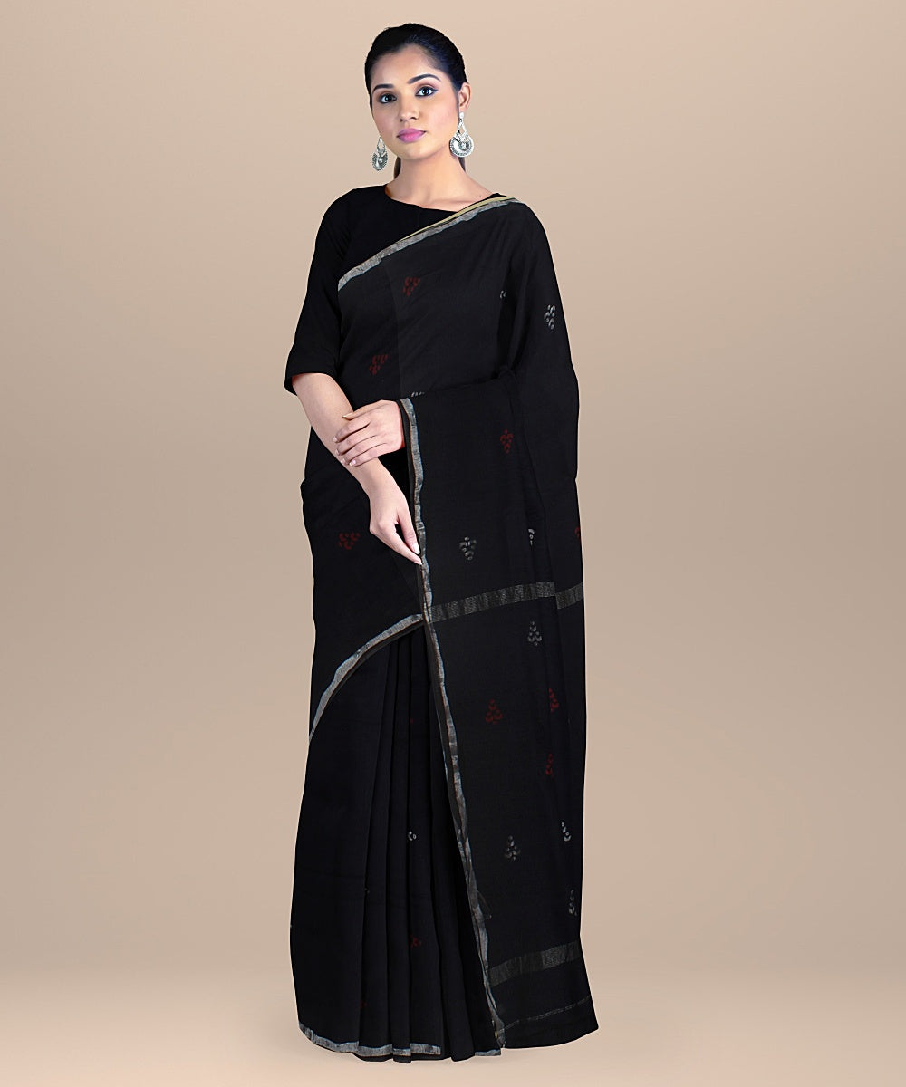 Black silver zari handloom jamdani soft cotton saree