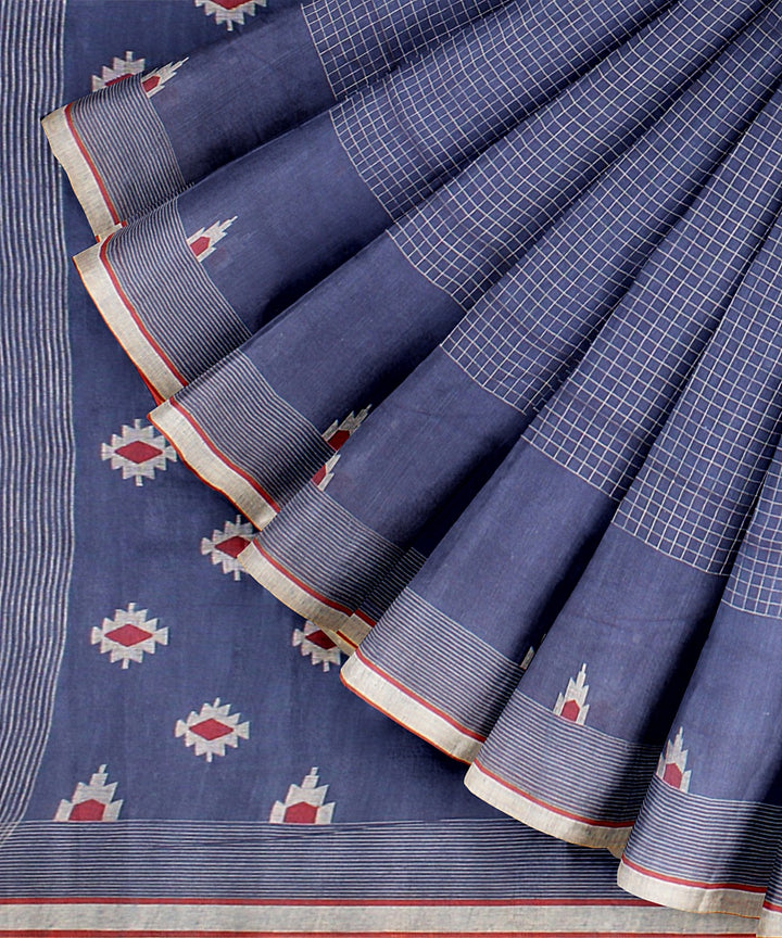 Royal blue red handloom jamdani soft cotton saree